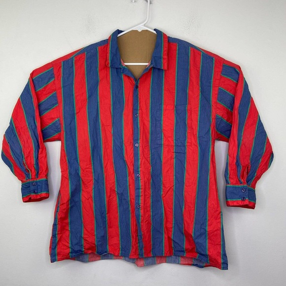 Urban Outfitters Men's Large Shirt Red Blue Striped Button Up Long Sleeve BE6 - Picture 1 of 6